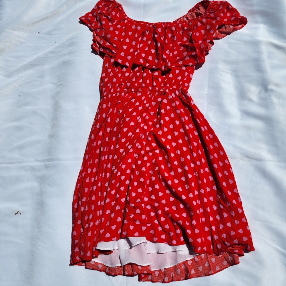 Vivi Red With Pink Hearts Dress Size Medium Off The Shoulder And Waist Tie - Picture 2 of 8